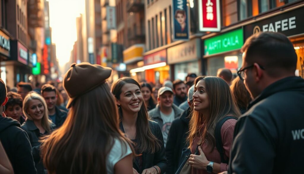 A bustling city street, shot with a wide-angle lens, showcasing a crowd of people interacting and engaging with one another. In the foreground, a group of friends animatedly discussing something, their expressions and gestures conveying a sense of trust and camaraderie. In the middle ground, passersby stop to observe a street performer, their faces alight with fascination and delight. The background is a vibrant tapestry of storefronts, neon signs, and the hum of urban life, all bathed in warm, golden-hour lighting. The overall scene radiates a palpable sense of community, connection, and the power of social proof.