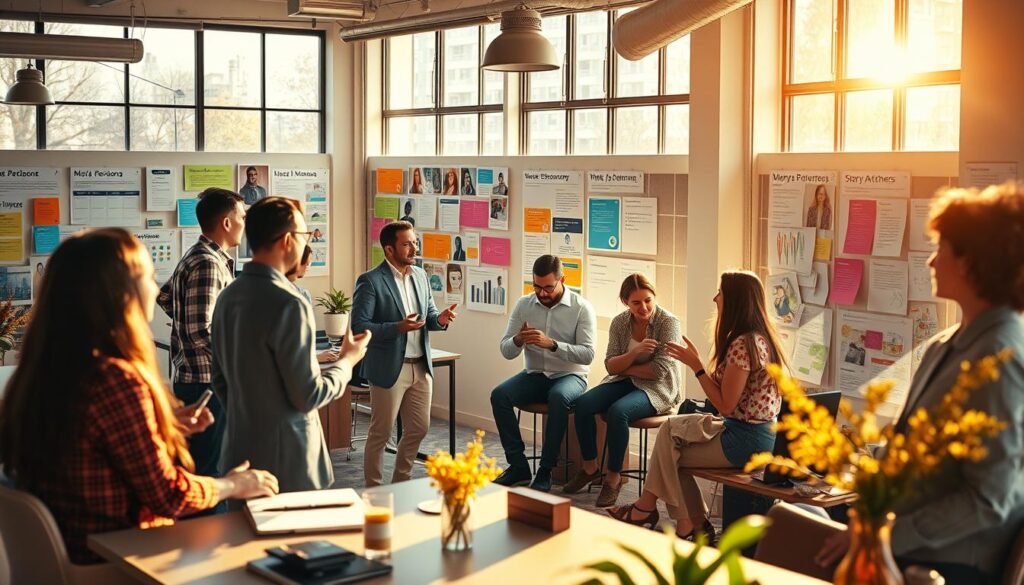 A bustling open-office workspace, warm afternoon sunlight streaming through large windows. At the center, a diverse group of professionals engaged in a lively discussion, gesturing animatedly as they share ideas. Colorful mood boards, customer personas, and story arcs are pinned to the walls, guiding their narrative exploration. The scene exudes a sense of collaborative creativity, as the team works to craft an immersive brand story tailored to their target audience. Hyper-realistic lighting and textures bring this image to life, inviting the viewer to step into the collaborative storytelling process. A bustling open-office workspace, warm afternoon sunlight streaming through large windows. At the center, a diverse group of professionals engaged in a lively discussion, gesturing animatedly as they share ideas. Colorful mood boards, customer personas, and story arcs are pinned to the walls, guiding their narrative exploration. The scene exudes a sense of collaborative creativity, as the team works to craft an immersive brand story tailored to their target audience. Hyper-realistic lighting and textures bring this image to life, inviting the viewer to step into the collaborative storytelling process.
