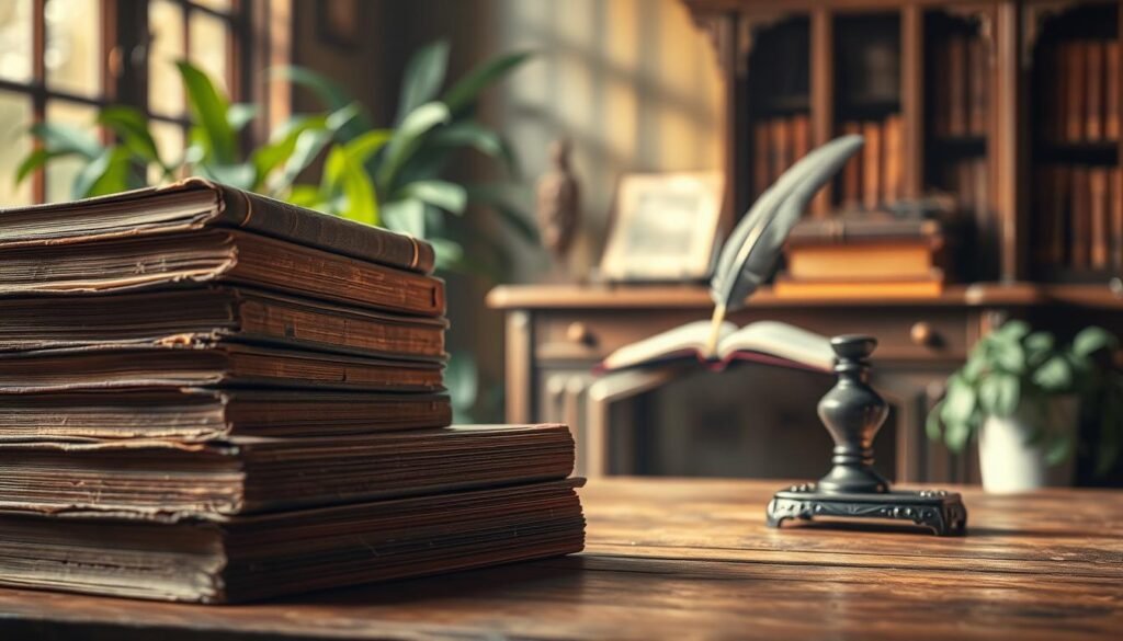 A captivating brand narrative unfolds in a serene, atmospheric scene. The foreground showcases a stack of vintage books, their weathered covers hinting at a storied past. Soft, warm lighting casts a nostalgic glow, inviting the viewer to imagine the tales they hold. In the middle ground, a quill pen and inkwell stand ready, symbolizing the artful crafting of the brand's story. The background features a timeless, elegantly designed desk, surrounded by lush greenery and a hint of a cozy, scholarly workspace. The overall composition exudes a sense of thoughtfulness, authenticity, and a commitment to creating a meaningful brand narrative. A captivating brand narrative unfolds in a serene, atmospheric scene. The foreground showcases a stack of vintage books, their weathered covers hinting at a storied past. Soft, warm lighting casts a nostalgic glow, inviting the viewer to imagine the tales they hold. In the middle ground, a quill pen and inkwell stand ready, symbolizing the artful crafting of the brand's story. The background features a timeless, elegantly designed desk, surrounded by lush greenery and a hint of a cozy, scholarly workspace. The overall composition exudes a sense of thoughtfulness, authenticity, and a commitment to creating a meaningful brand narrative.