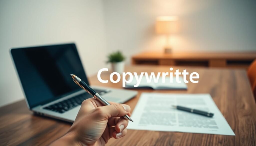 A clean, minimalist office workspace with a laptop, pen, and paper on a modern wooden desk. The lighting is soft and diffused, creating a warm, focused atmosphere. In the foreground, a hand holds a pen, emphasizing the act of clear, concise writing. The background is blurred, drawing the viewer's attention to the text-centric elements. The overall scene conveys the importance of using straightforward, jargon-free language in effective copywriting.