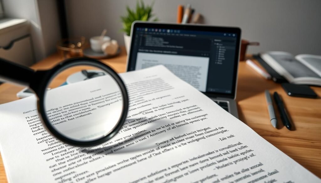 A clean, well-structured document with clear headings, concise paragraphs, and ample white space. The foreground features a magnifying glass hovering over the text, emphasizing the focus on readability. The middle ground showcases a laptop displaying a writing app, with the cursor blinking, suggesting the active writing process. The background is a soft, warm-toned workspace, with scattered office supplies and a potted plant, creating a cozy, productive atmosphere. Lighting is natural and diffused, casting gentle shadows and highlights. The overall scene conveys the importance of crafting readable, engaging content for maximum impact.