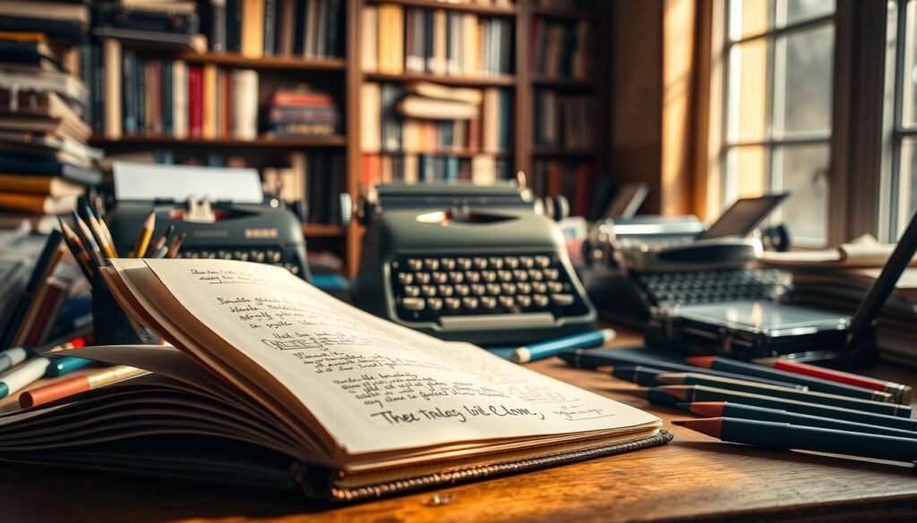 A cluttered desk filled with an array of pens, pencils, and markers, casting dramatic shadows under a warm, focused spotlight. In the foreground, a weathered leather-bound notebook lies open, its pages fluttering gently, revealing a tapestry of handwritten notes, sketches, and doodles. The middle ground features a trio of vintage typewriters, their metal frames gleaming, hinting at the stories they've helped craft. In the background, a bookshelf overflows with tomes of diverse genres, creating a sense of intellectual depth and inspiration. The overall atmosphere is one of creative intensity, inviting the viewer to immerse themselves in the art of crafting a compelling narrative. A cluttered desk filled with an array of pens, pencils, and markers, casting dramatic shadows under a warm, focused spotlight. In the foreground, a weathered leather-bound notebook lies open, its pages fluttering gently, revealing a tapestry of handwritten notes, sketches, and doodles. The middle ground features a trio of vintage typewriters, their metal frames gleaming, hinting at the stories they've helped craft. In the background, a bookshelf overflows with tomes of diverse genres, creating a sense of intellectual depth and inspiration. The overall atmosphere is one of creative intensity, inviting the viewer to immerse themselves in the art of crafting a compelling narrative.