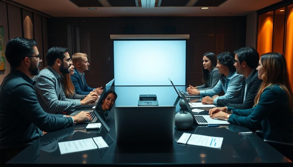 A collaborative team meeting, with professionals gathered around a sleek conference table, discussing and brainstorming brand voice strategies. The room is bathed in warm, ambient lighting, creating a cozy, yet professional atmosphere. Laptops, notepads, and a central projection screen are visible, showcasing the team's analytical and creative process. Expressions are focused, yet animated, as the group engages in lively discussion, capturing the essence of strengthening a brand's voice through collective effort. The scene is hyper-realistic, with attention to subtle details that convey a sense of authenticity and engagement. A collaborative team meeting, with professionals gathered around a sleek conference table, discussing and brainstorming brand voice strategies. The room is bathed in warm, ambient lighting, creating a cozy, yet professional atmosphere. Laptops, notepads, and a central projection screen are visible, showcasing the team's analytical and creative process. Expressions are focused, yet animated, as the group engages in lively discussion, capturing the essence of strengthening a brand's voice through collective effort. The scene is hyper-realistic, with attention to subtle details that convey a sense of authenticity and engagement.