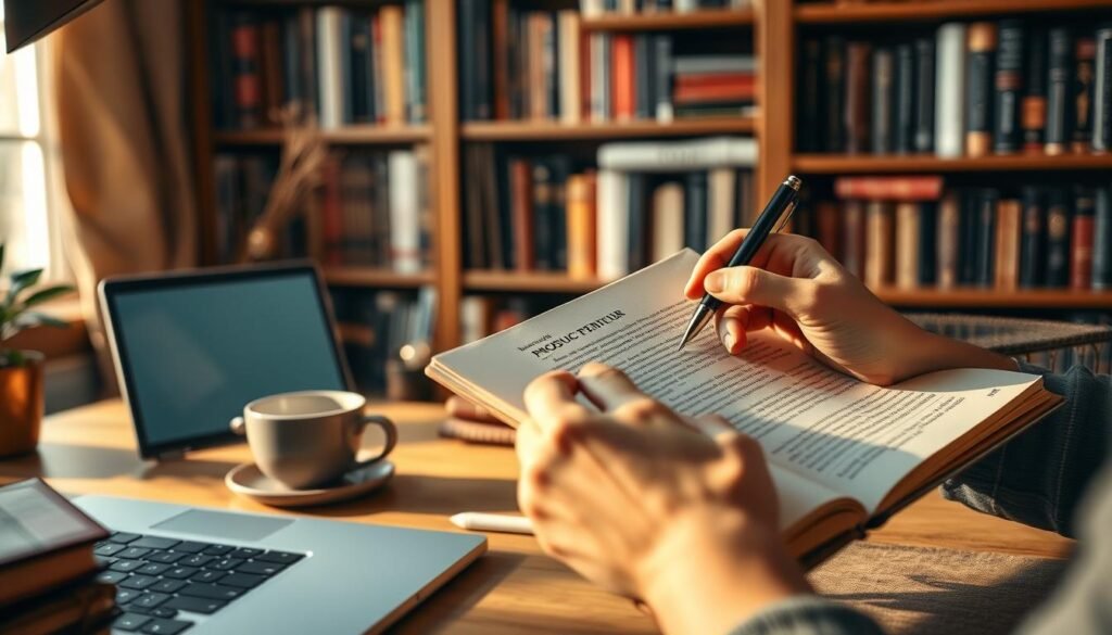 A cozy home office, bathed in warm, golden light, with a desk showcasing an open laptop, a cup of coffee, and a stack of leather-bound notebooks. In the foreground, a hand holds a pen, meticulously crafting a captivating product description, weaving a narrative that brings the item to life. The background features a bookshelf filled with inspirational titles, hinting at the depth of knowledge and storytelling prowess of the writer. Soft shadows and a slightly blurred periphery create a sense of focus and immersion, drawing the viewer's attention to the act of storytelling in product descriptions. A cozy home office, bathed in warm, golden light, with a desk showcasing an open laptop, a cup of coffee, and a stack of leather-bound notebooks. In the foreground, a hand holds a pen, meticulously crafting a captivating product description, weaving a narrative that brings the item to life. The background features a bookshelf filled with inspirational titles, hinting at the depth of knowledge and storytelling prowess of the writer. Soft shadows and a slightly blurred periphery create a sense of focus and immersion, drawing the viewer's attention to the act of storytelling in product descriptions.