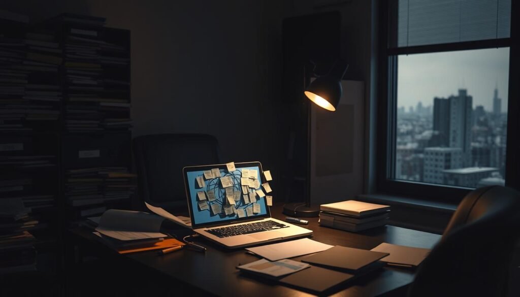 A dimly lit office space, with a cluttered desk and overflowing file cabinets. On the desk, a laptop displays a jumbled web of post-it notes and diagrams, representing the tangled challenges of brand storytelling. A single desk lamp casts a warm, amber glow, casting long shadows and creating a pensive, contemplative atmosphere. In the background, a muted cityscape is visible through the window, hinting at the larger context and pressures facing the business. The scene conveys a sense of complexity, uncertainty, and the need to find clarity amidst the chaos of crafting an authentic brand narrative. A dimly lit office space, with a cluttered desk and overflowing file cabinets. On the desk, a laptop displays a jumbled web of post-it notes and diagrams, representing the tangled challenges of brand storytelling. A single desk lamp casts a warm, amber glow, casting long shadows and creating a pensive, contemplative atmosphere. In the background, a muted cityscape is visible through the window, hinting at the larger context and pressures facing the business. The scene conveys a sense of complexity, uncertainty, and the need to find clarity amidst the chaos of crafting an authentic brand narrative.