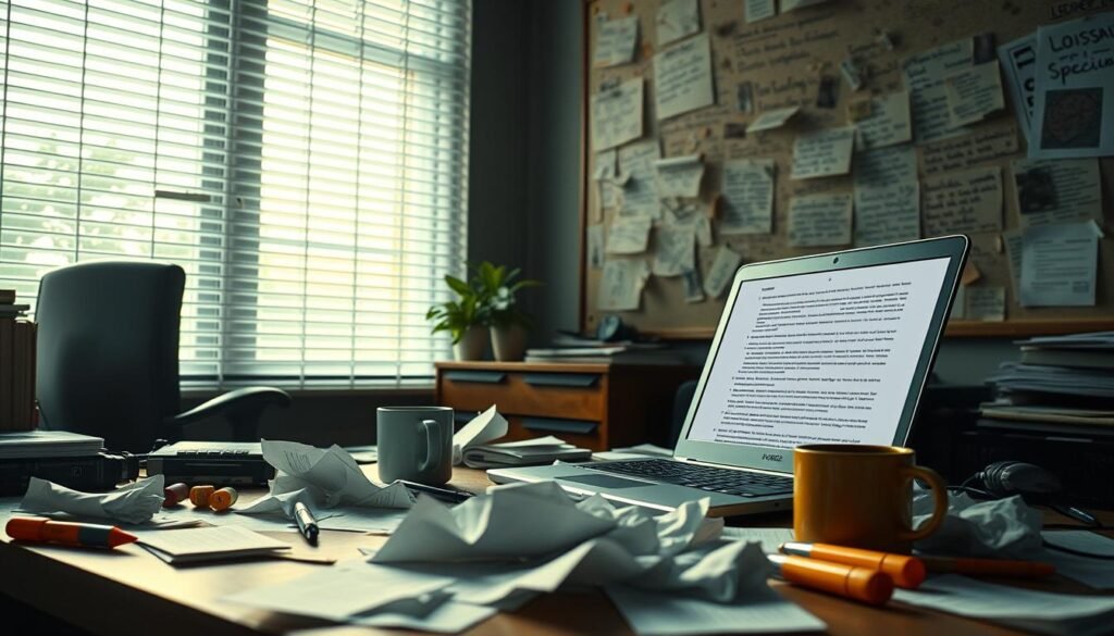 A dimly lit office, sunlight filtering through Venetian blinds, casting a warm glow on a cluttered desk. In the foreground, a laptop displays a jumble of words and phrases, the cursor blinking relentlessly. Scattered around it, a tangle of crumpled papers, highlighters, and an empty coffee mug. In the background, a corkboard covered in scribbled notes and half-formed ideas, a stark reminder of the arduous task of crafting compelling, specific copy. The atmosphere is one of intense focus, a battle between creativity and analytical precision. A hyper-realistic depiction of the challenges faced by the modern copywriter, striving for that elusive balance between persuasion and clarity.