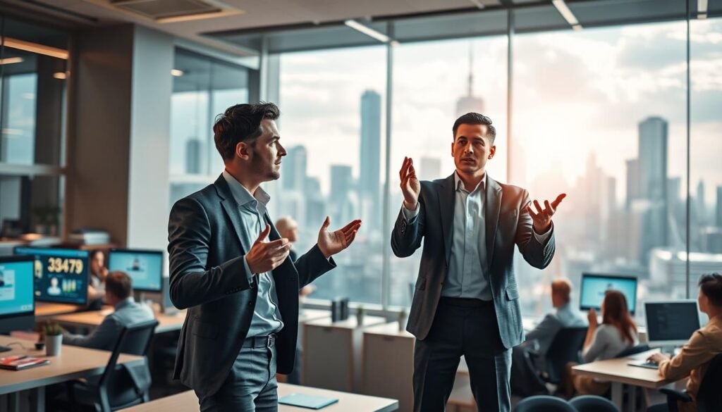 A dynamic and vibrant marketing strategy scene, captured in a high-resolution, hyper-realistic style. In the foreground, a determined businessperson stands tall, gesturing confidently as they present their ideas to an attentive audience. Behind them, a bustling office environment with modern workstations, digital displays, and subtle lighting cues that evoke a sense of energy and focus. The middle ground features a team of collaborators, engaged in animated discussions, brainstorming and strategizing. In the background, a cityscape of towering skyscrapers and bustling streets, conveying a sense of the broader competitive landscape. The overall composition radiates a powerful sense of action, inspiration, and the determination to drive results. A dynamic and vibrant marketing strategy scene, captured in a high-resolution, hyper-realistic style. In the foreground, a determined businessperson stands tall, gesturing confidently as they present their ideas to an attentive audience. Behind them, a bustling office environment with modern workstations, digital displays, and subtle lighting cues that evoke a sense of energy and focus. The middle ground features a team of collaborators, engaged in animated discussions, brainstorming and strategizing. In the background, a cityscape of towering skyscrapers and bustling streets, conveying a sense of the broader competitive landscape. The overall composition radiates a powerful sense of action, inspiration, and the determination to drive results.