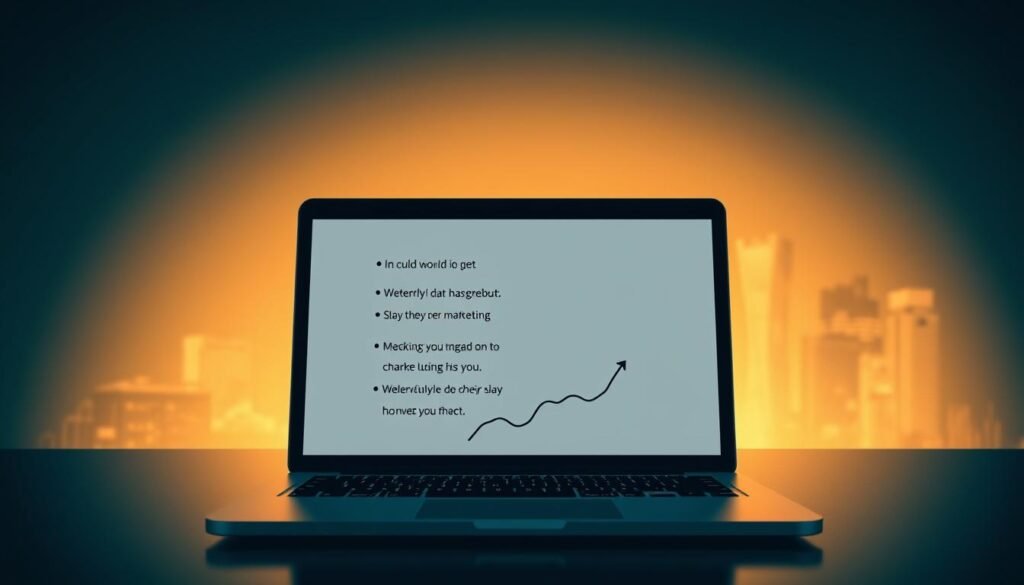 A high-contrast digital illustration showcasing the power of concise marketing copy. In the foreground, a laptop screen displays a series of short, impactful phrases against a minimalist background. The phrases are rendered in a bold, sans-serif typeface, conveying a sense of authority and clarity. The middle ground features a sleek, modern desk with a stylized chart or graph, symbolizing the data-driven approach to effective marketing. The background is a softly blurred cityscape, hinting at the broader business context. The lighting is dramatic, with sharp contrasts and a touch of warm, golden hues to create a sense of professionalism and success. The overall tone is hyper-real, with a crisp, clean aesthetic that emphasizes the transformative impact of concise, data-driven marketing copy.