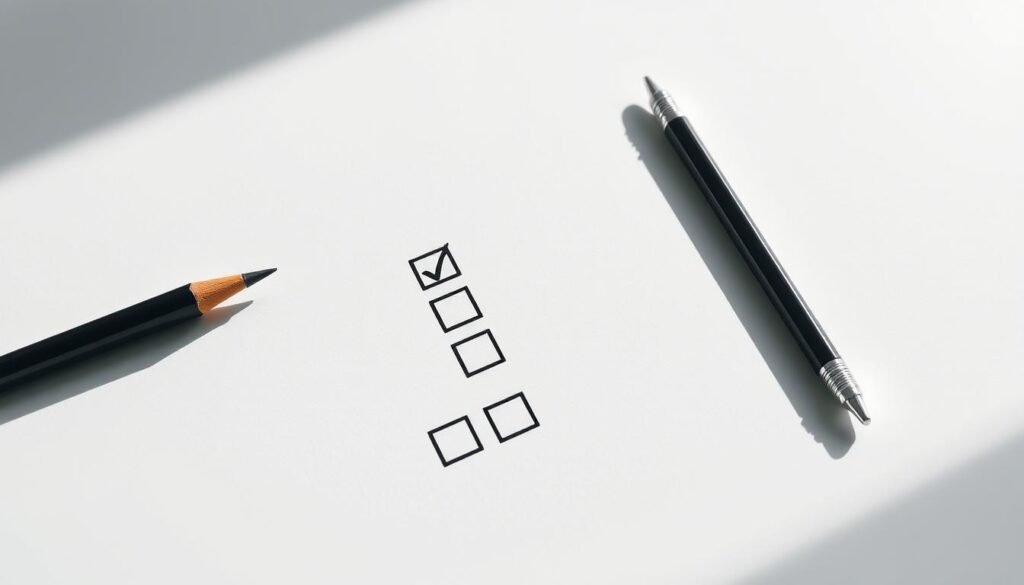 A high-contrast, hyper-realistic composition depicting a Copywriting Checklist. A neatly organized array of checkboxes, pencils, and a correcting pen laid out on a plain, well-lit desk. The items cast crisp shadows, creating a sense of depth and dimensionality. The overall scene has a clean, professional aesthetic, with muted tones and subtle textures that draw the eye to the key elements. The lighting is soft and directional, accentuating the form and materiality of the objects. The perspective is slightly elevated, giving the viewer an authoritative, bird's-eye view of the scene, as if surveying a crucial workflow. A high-contrast, hyper-realistic composition depicting a Copywriting Checklist. A neatly organized array of checkboxes, pencils, and a correcting pen laid out on a plain, well-lit desk. The items cast crisp shadows, creating a sense of depth and dimensionality. The overall scene has a clean, professional aesthetic, with muted tones and subtle textures that draw the eye to the key elements. The lighting is soft and directional, accentuating the form and materiality of the objects. The perspective is slightly elevated, giving the viewer an authoritative, bird's-eye view of the scene, as if surveying a crucial workflow.