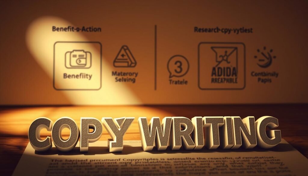 A high-resolution, hyper-realistic image of the essential elements of effective copywriting. In the foreground, a well-crafted headline stands out, its letters sculpted with precision. Surrounding it, a carefully curated selection of persuasive copy techniques: a compelling call-to-action, a benefit-driven subheading, and meticulously crafted body text that draws the viewer in. In the middle ground, a set of research-backed principles such as AIDA and the Rule of 3 are visualized through abstract shapes and patterns. The background features a subtle grid system, hinting at the structure and organization that underpin powerful copywriting. The entire scene is bathed in warm, directional lighting, creating a sense of depth and emphasizing the craftsmanship of the elements.