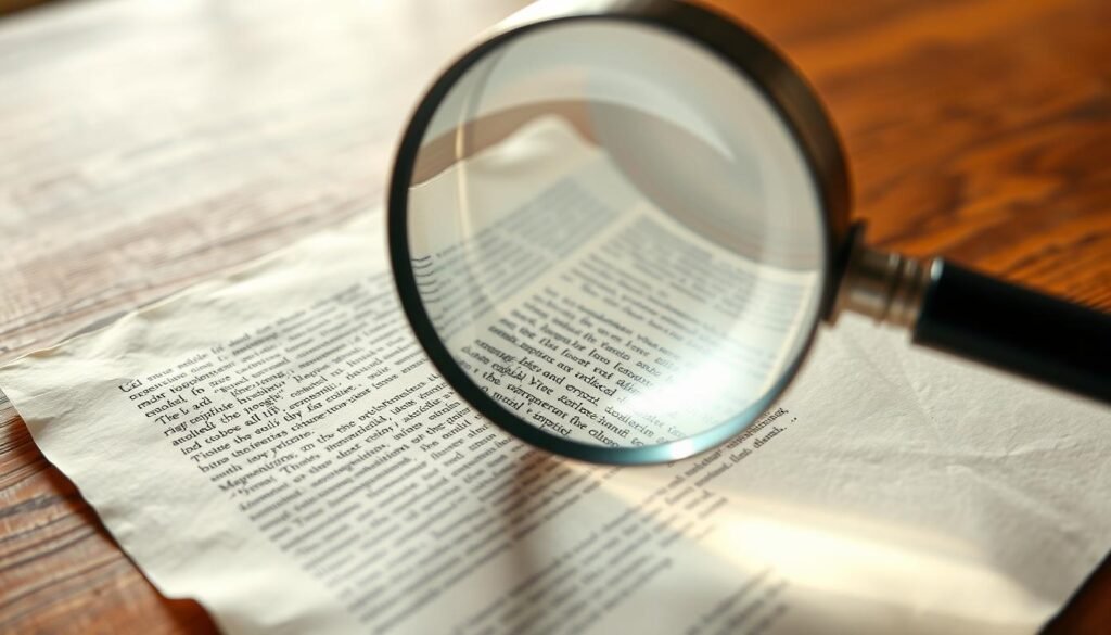A highly detailed, hyper-realistic image of a magnifying glass hovering over a sheet of paper, casting a sharp focus on the text and texture of the paper. The paper's surface is rich in subtle patterns and watermarks, conveying a sense of authenticity and credibility. The magnifying glass is suspended in mid-air, its glass lens refracting the light to create a captivating visual effect. The background is slightly blurred, drawing the viewer's attention to the central focus of the image. The overall scene is illuminated by a warm, natural lighting, creating a sense of depth and dimension. A highly detailed, hyper-realistic image of a magnifying glass hovering over a sheet of paper, casting a sharp focus on the text and texture of the paper. The paper's surface is rich in subtle patterns and watermarks, conveying a sense of authenticity and credibility. The magnifying glass is suspended in mid-air, its glass lens refracting the light to create a captivating visual effect. The background is slightly blurred, drawing the viewer's attention to the central focus of the image. The overall scene is illuminated by a warm, natural lighting, creating a sense of depth and dimension.