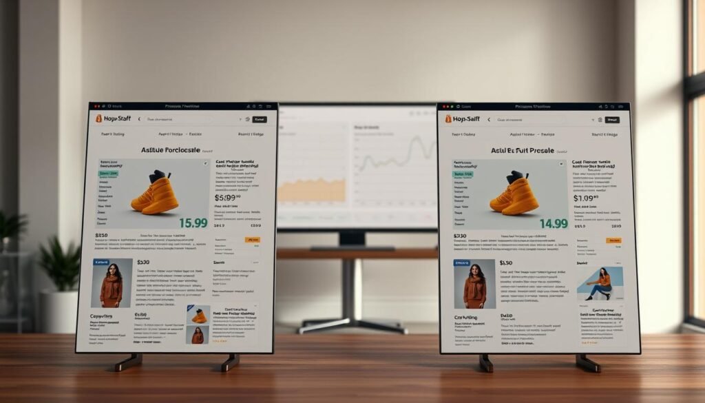 A hyper-realistic A/B testing experiment with two identical product pages side-by-side, showcasing subtle differences in copywriting, imagery, and layout. The foreground features the two webpages rendered in exquisite detail, with a warm, natural lighting illuminating the crisp text and vibrant product images. The middle ground depicts a data visualization dashboard, tracking the performance metrics of each variant in real-time. In the background, a minimalist office environment sets the scene, with a large monitor displaying the test results. The overall mood is one of analytical focus, highlighting the importance of data-driven decision making in boosting Shopify sales.