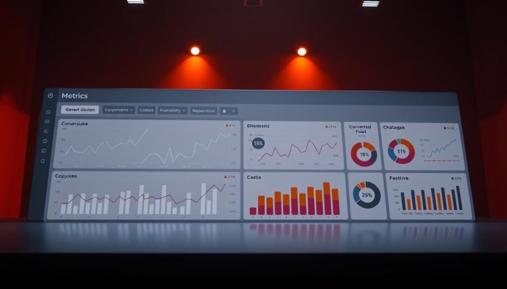 A hyper-realistic, high-resolution image of conversion copywriting metrics displayed on a sleek, minimalist dashboard. In the foreground, a series of interactive data visualizations, including line graphs, bar charts, and pie charts, showcasing key performance indicators such as conversion rate, click-through rate, and customer acquisition cost. The middle ground features a clean, uncluttered interface with intuitive navigation controls and customizable reporting options. The background is a dimly lit, moody studio setting with warm, directional lighting, creating a professional, high-end atmosphere. The overall composition emphasizes the importance of data-driven decision-making in effective copywriting and marketing strategies.