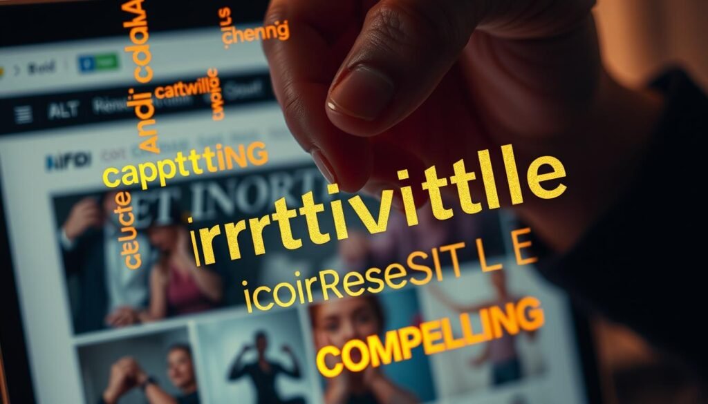 A hyper-realistic image depicting the impact of powerful words in copywriting. In the foreground, a cascade of evocative and persuasive words like "captivating", "irresistible", and "compelling" cascade down, their letters illuminated with a warm, golden light. In the middle ground, a hand delicately crafts each word, the movement of the fingers conveying the precision and artistry of copywriting. The background is a softly blurred scene of an e-commerce website, hinting at the real-world application of these impactful words. The overall mood is one of focus, creativity, and the transformative power of language.