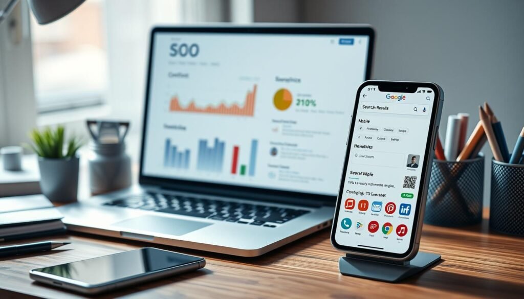 A hyper-realistic image of a desktop workspace, with a laptop computer, a smartphone, and various office supplies arranged neatly. The laptop screen displays a search engine optimization (SEO) dashboard, showcasing metrics and analytics. The smartphone displays a mobile search results page, highlighting the top-ranking website. Soft, natural lighting illuminates the scene, creating a calming and professional atmosphere. The overall composition emphasizes the importance of optimizing content for search engines to improve visibility and drive traffic. A hyper-realistic image of a desktop workspace, with a laptop computer, a smartphone, and various office supplies arranged neatly. The laptop screen displays a search engine optimization (SEO) dashboard, showcasing metrics and analytics. The smartphone displays a mobile search results page, highlighting the top-ranking website. Soft, natural lighting illuminates the scene, creating a calming and professional atmosphere. The overall composition emphasizes the importance of optimizing content for search engines to improve visibility and drive traffic.