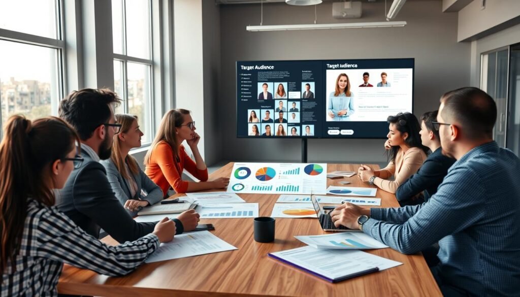 A hyper-realistic image of a focused target audience research session, with a diverse group of individuals sitting around a table, engaged in discussion. The scene is set in a modern, well-lit office space, with large windows providing natural light. The participants are intently studying various research materials, including graphs, charts, and user personas displayed on a large screen at the front of the room. The atmosphere is one of intense concentration and collaboration, capturing the essence of the "Identifying Your Target Audience" section of the article.