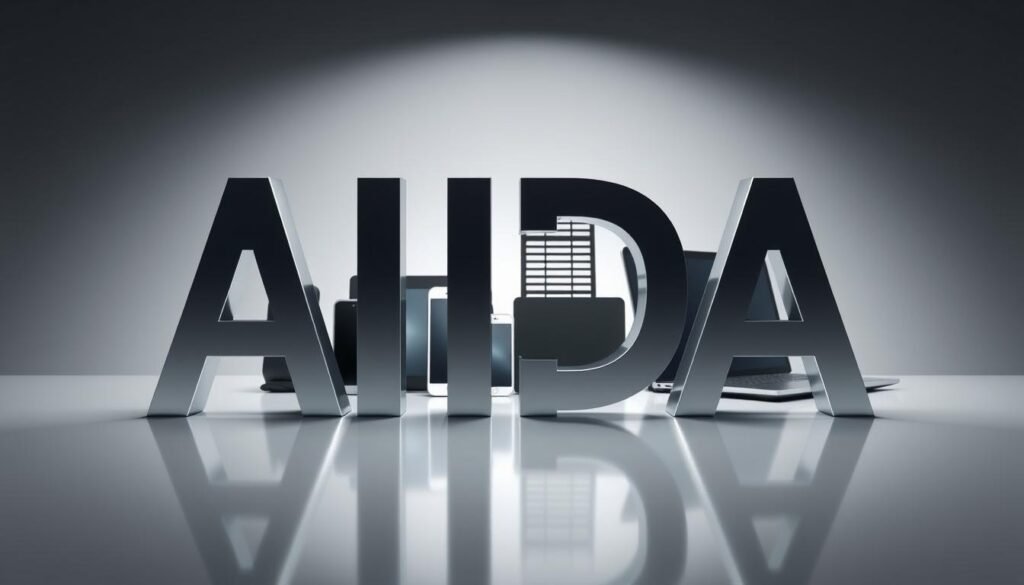 A hyper-realistic image of the AIDA model (Attention, Interest, Desire, Action) against a modern, minimalist background. In the foreground, a sleek, metallic AIDA framework with clean lines and a polished finish, casting reflections on the surface. In the middle ground, an array of contemporary digital marketing tools, such as a tablet, smartphone, and laptop, arranged in a dynamic composition. The background is a muted, gradient-based setting, suggesting a professional, technology-driven environment. Soft, directional lighting illuminates the scene, creating depth and emphasizing the interplay between the analog AIDA model and the digital marketing tools. The overall mood is one of efficiency, innovation, and the seamless integration of traditional marketing principles with modern digital strategies. A hyper-realistic image of the AIDA model (Attention, Interest, Desire, Action) against a modern, minimalist background. In the foreground, a sleek, metallic AIDA framework with clean lines and a polished finish, casting reflections on the surface. In the middle ground, an array of contemporary digital marketing tools, such as a tablet, smartphone, and laptop, arranged in a dynamic composition. The background is a muted, gradient-based setting, suggesting a professional, technology-driven environment. Soft, directional lighting illuminates the scene, creating depth and emphasizing the interplay between the analog AIDA model and the digital marketing tools. The overall mood is one of efficiency, innovation, and the seamless integration of traditional marketing principles with modern digital strategies.