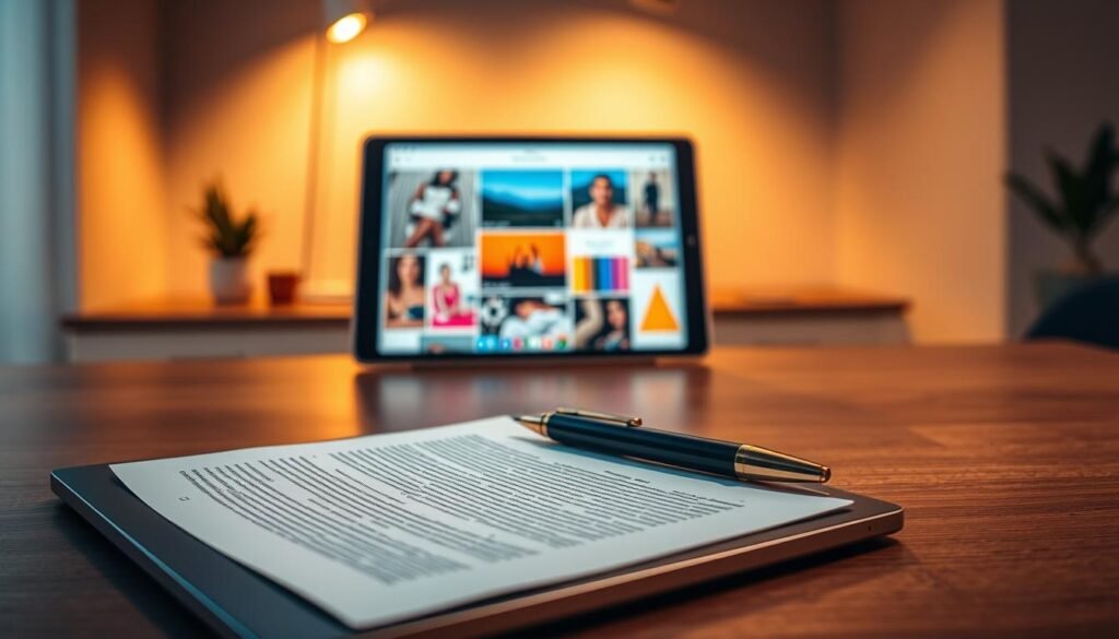 A hyper-realistic scene of digital copywriting visuals. In the foreground, a sleek laptop displays an elegant document with flowing lines of text. Beside it, a stylized pen hovers, ready to craft the next compelling sentence. In the middle ground, a tablet showcases a vibrant mood board, bursting with inspiring imagery and color palettes. The background features a minimalist workspace, bathed in warm, indirect lighting that casts a soft glow on the scene. Subtle highlights and reflections add depth and dimension, creating a polished, professional atmosphere that embodies the essence of effective digital copywriting. A hyper-realistic scene of digital copywriting visuals. In the foreground, a sleek laptop displays an elegant document with flowing lines of text. Beside it, a stylized pen hovers, ready to craft the next compelling sentence. In the middle ground, a tablet showcases a vibrant mood board, bursting with inspiring imagery and color palettes. The background features a minimalist workspace, bathed in warm, indirect lighting that casts a soft glow on the scene. Subtle highlights and reflections add depth and dimension, creating a polished, professional atmosphere that embodies the essence of effective digital copywriting.