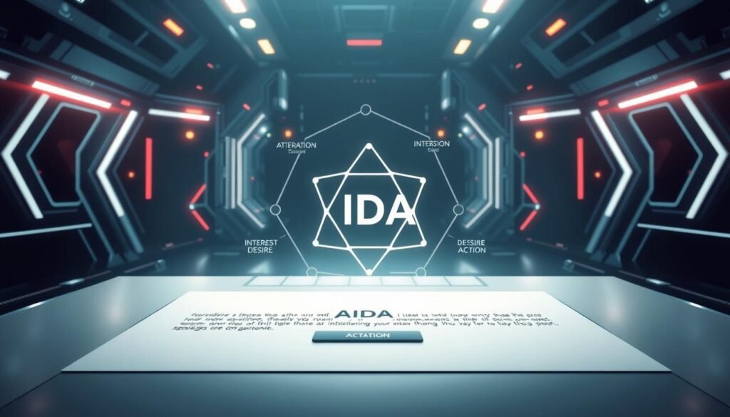 A meticulously crafted digital illustration showcasing the AIDA model implementation. In the foreground, a sleek, minimalist landing page design with clean typography and bold call-to-action buttons. The middle ground reveals the underlying structure of the AIDA framework - Attention, Interest, Desire, and Action - visualized as interconnected geometric shapes in a palette of muted, sophisticated hues. The background depicts a technologically advanced environment, with subtle holographic elements and a futuristic, high-contrast lighting scheme that enhances the sense of depth and complexity. The overall scene conveys a sense of precision, innovation, and the importance of strategic marketing principles in driving high-converting landing pages. A meticulously crafted digital illustration showcasing the AIDA model implementation. In the foreground, a sleek, minimalist landing page design with clean typography and bold call-to-action buttons. The middle ground reveals the underlying structure of the AIDA framework - Attention, Interest, Desire, and Action - visualized as interconnected geometric shapes in a palette of muted, sophisticated hues. The background depicts a technologically advanced environment, with subtle holographic elements and a futuristic, high-contrast lighting scheme that enhances the sense of depth and complexity. The overall scene conveys a sense of precision, innovation, and the importance of strategic marketing principles in driving high-converting landing pages.