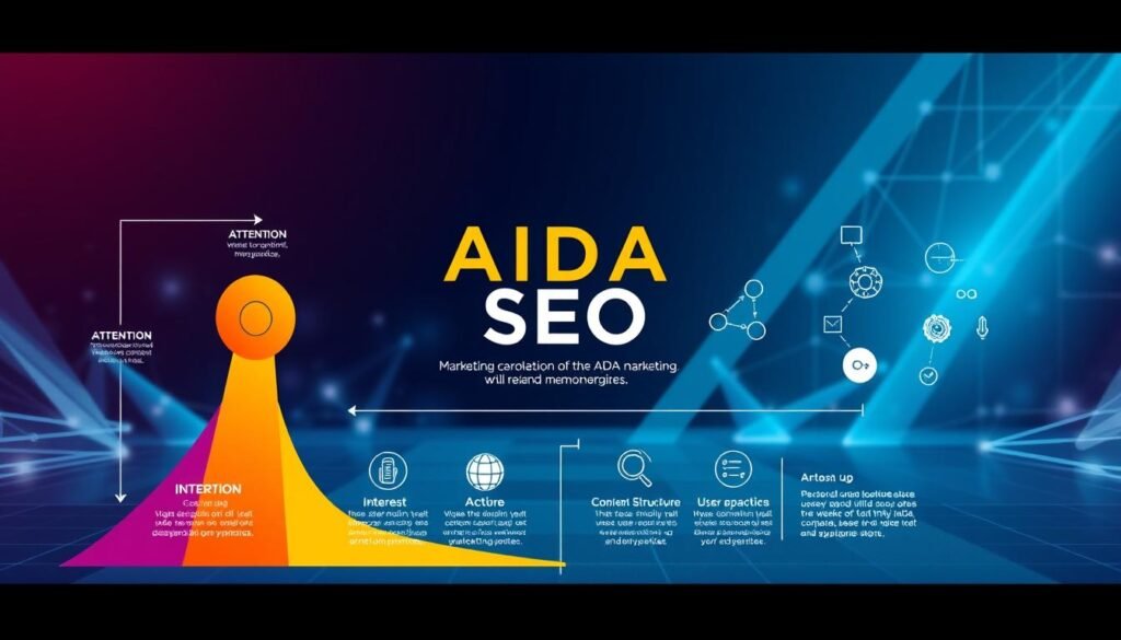 A meticulously designed infographic depicting the harmonious intersection of the AIDA marketing model and SEO best practices. The foreground showcases the distinct stages of AIDA - Attention, Interest, Desire, and Action - represented by bold, geometric shapes in a vibrant color palette. Seamlessly integrated into this framework are icons and visualizations symbolizing essential SEO elements such as keyword optimization, content structure, and user experience. The middle ground features a sleek, minimalist layout with clean typography, highlighting the synergy between these two crucial marketing disciplines. The background evokes a high-tech, futuristic ambiance with subtle gradients and geometric patterns, conveying the advanced, data-driven nature of this balanced approach. Captured in hyper-realistic detail, this image serves as a visually striking representation of the article's subject matter. A meticulously designed infographic depicting the harmonious intersection of the AIDA marketing model and SEO best practices. The foreground showcases the distinct stages of AIDA - Attention, Interest, Desire, and Action - represented by bold, geometric shapes in a vibrant color palette. Seamlessly integrated into this framework are icons and visualizations symbolizing essential SEO elements such as keyword optimization, content structure, and user experience. The middle ground features a sleek, minimalist layout with clean typography, highlighting the synergy between these two crucial marketing disciplines. The background evokes a high-tech, futuristic ambiance with subtle gradients and geometric patterns, conveying the advanced, data-driven nature of this balanced approach. Captured in hyper-realistic detail, this image serves as a visually striking representation of the article's subject matter.