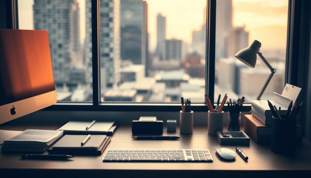 A meticulously organized desktop, neatly arranged with minimalist office supplies, serves as the focal point. The scene is bathed in warm, diffused lighting, creating a sense of focus and clarity. In the background, a blurred cityscape suggests a modern, professional setting. The overall composition emphasizes the importance of attention to detail, clean layout, and easy readability - core principles of effective copywriting. The image conveys a sense of efficiency, organization, and the power of well-crafted visual communication.