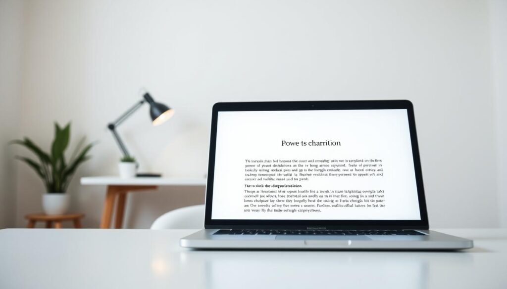 A minimalist composition with clean, modern aesthetics. In the foreground, a laptop or tablet screen displays a simple, well-crafted web page with a prominent headline and a few concise paragraphs of text. The layout is uncluttered, allowing the copy to be the focal point. In the middle ground, an ergonomic desk setup with a stylish lamp and a potted plant creates a professional, distraction-free environment. The background features soft, diffused lighting, hinting at a spacious, airy room with muted, neutral-toned walls. The overall scene conveys a sense of focus, clarity, and the power of conciseness in e-commerce copywriting.