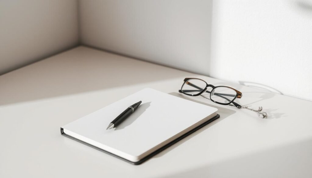A minimalist workspace with a clean, contemporary aesthetic. On the desk, a neatly arranged collection of stationery - a fountain pen, a sleek notebook, and a pair of reading glasses - creates a sophisticated, professional vibe. The background features a soft, neutral-toned wall, allowing the foreground elements to take center stage. Muted lighting casts gentle shadows, giving the scene a sense of depth and three-dimensionality. The overall atmosphere is one of focus, productivity, and a refined brand identity. A minimalist workspace with a clean, contemporary aesthetic. On the desk, a neatly arranged collection of stationery - a fountain pen, a sleek notebook, and a pair of reading glasses - creates a sophisticated, professional vibe. The background features a soft, neutral-toned wall, allowing the foreground elements to take center stage. Muted lighting casts gentle shadows, giving the scene a sense of depth and three-dimensionality. The overall atmosphere is one of focus, productivity, and a refined brand identity.