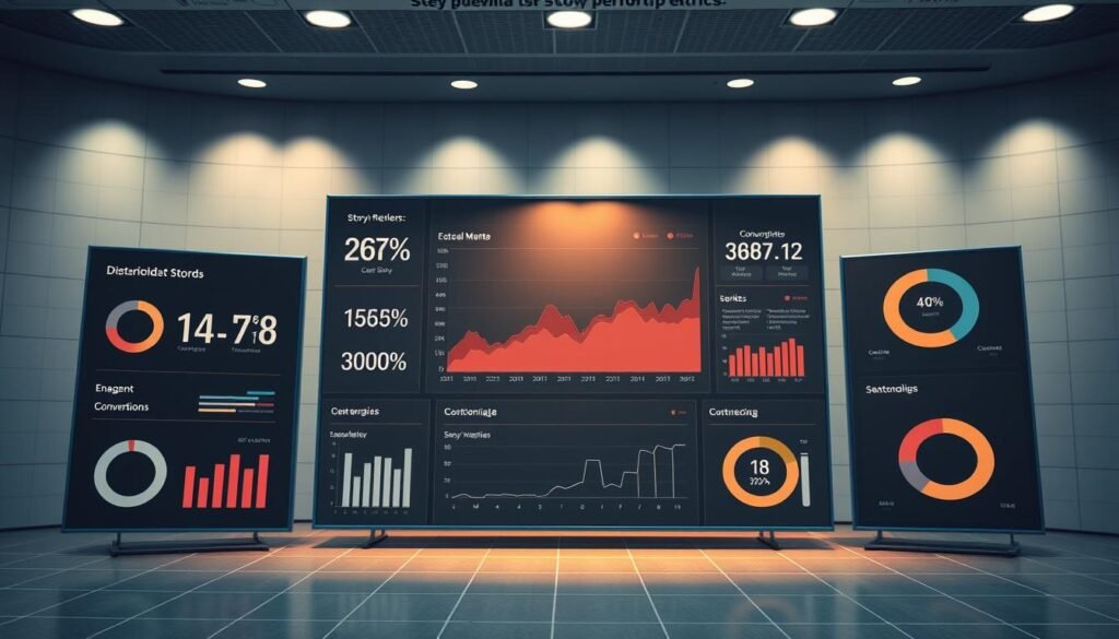 A modern, data-driven dashboard display showcasing the key performance metrics for a brand's storytelling efforts. In the foreground, a series of sleek, minimalist infographic panels highlight metrics like engagement, conversion rates, and customer sentiment. In the middle ground, a central display shows a detailed data visualization, perhaps a line chart or bar graph, charting the impact of the brand's story over time. The background features a clean, tech-inspired environment with subtle grid patterns and cool, muted tones to create a sense of professionalism and authority. Soft, diffused lighting casts a warm glow, while the overall composition conveys a hyper-realistic, almost photographic quality. A modern, data-driven dashboard display showcasing the key performance metrics for a brand's storytelling efforts. In the foreground, a series of sleek, minimalist infographic panels highlight metrics like engagement, conversion rates, and customer sentiment. In the middle ground, a central display shows a detailed data visualization, perhaps a line chart or bar graph, charting the impact of the brand's story over time. The background features a clean, tech-inspired environment with subtle grid patterns and cool, muted tones to create a sense of professionalism and authority. Soft, diffused lighting casts a warm glow, while the overall composition conveys a hyper-realistic, almost photographic quality.