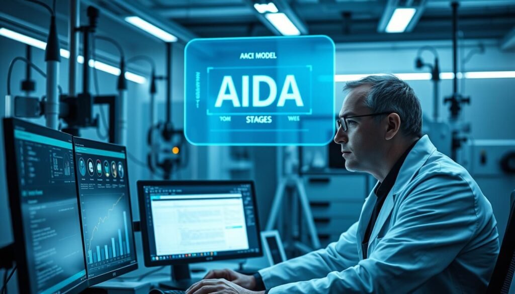 A modern, high-tech laboratory setting with a white-coated scientist meticulously analyzing data on multiple computer screens. The AIDA model is displayed prominently on a large holographic display, its stages illuminated with a soft, blue glow. The scientist is intently focused, their expression one of deep concentration as they evaluate the landing page performance metrics. The scene is bathed in a cool, minimalist lighting scheme, creating a sense of precision and professionalism. The background features sleek, futuristic equipment and instruments, conveying the cutting-edge nature of the AIDA model testing process. A modern, high-tech laboratory setting with a white-coated scientist meticulously analyzing data on multiple computer screens. The AIDA model is displayed prominently on a large holographic display, its stages illuminated with a soft, blue glow. The scientist is intently focused, their expression one of deep concentration as they evaluate the landing page performance metrics. The scene is bathed in a cool, minimalist lighting scheme, creating a sense of precision and professionalism. The background features sleek, futuristic equipment and instruments, conveying the cutting-edge nature of the AIDA model testing process.