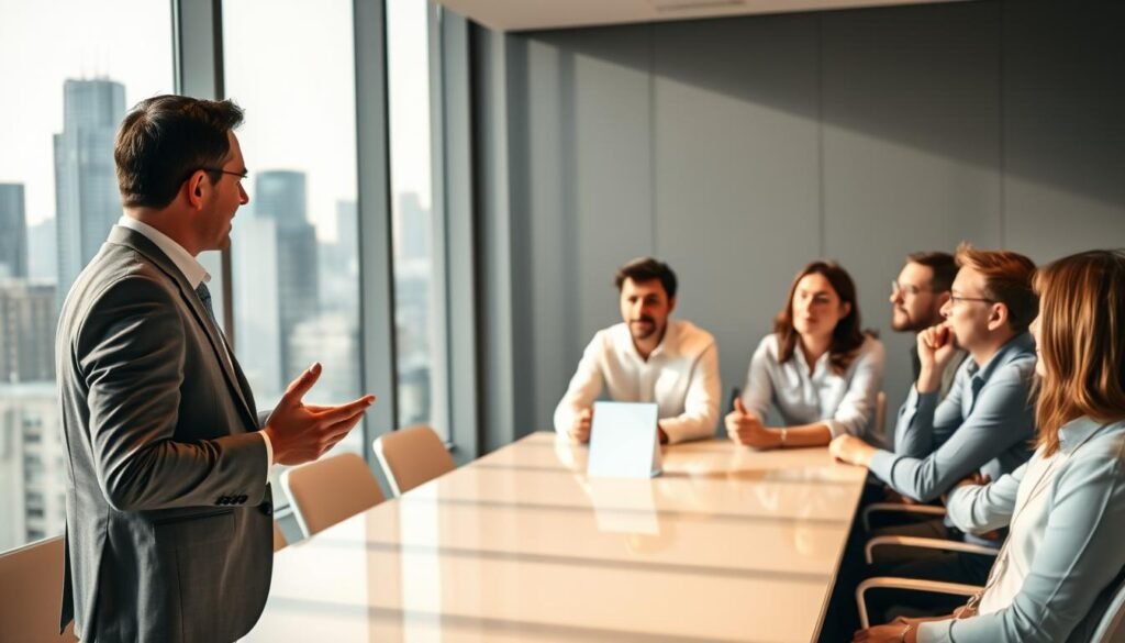 A modern, minimalist office interior with a large window overlooking a city skyline. In the foreground, a professional-looking man in a suit stands, hands gesturing as he explains concepts to a group of attentive customers seated around a sleek conference table. The lighting is soft, warm, and directional, casting subtle shadows and highlights that accentuate the features of the people and the room's clean, contemporary design. The customers' faces convey engagement and interest, their body language suggesting they are leaning in and actively listening. The overall atmosphere is one of productive collaboration and effective communication of key customer benefits.