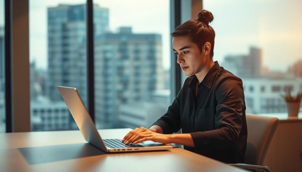 A modern office workspace with a person seated at a desk, intently focused on a laptop screen. The lighting is soft and diffused, creating a warm, inviting atmosphere. The desk is uncluttered, with a minimalist design aesthetic. The person's body language exudes a sense of responsiveness, their fingers rapidly typing, eyes scanning the screen, and a subtle expression of concentration on their face. In the background, a blurred cityscape can be seen through a large window, suggesting a connection to the outside world and the flow of communication. The overall scene conveys a sense of efficiency, attentiveness, and the importance of responsive communication in a professional setting. A modern office workspace with a person seated at a desk, intently focused on a laptop screen. The lighting is soft and diffused, creating a warm, inviting atmosphere. The desk is uncluttered, with a minimalist design aesthetic. The person's body language exudes a sense of responsiveness, their fingers rapidly typing, eyes scanning the screen, and a subtle expression of concentration on their face. In the background, a blurred cityscape can be seen through a large window, suggesting a connection to the outside world and the flow of communication. The overall scene conveys a sense of efficiency, attentiveness, and the importance of responsive communication in a professional setting.