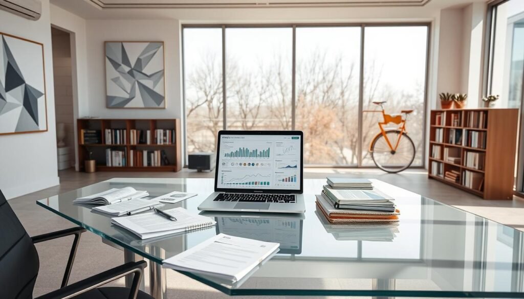 A pristine modern office workspace, flooded with natural light from floor-to-ceiling windows. On the sleek glass desk, an open laptop displays intricate data visualizations, surrounded by carefully organized folders, journals, and research materials. The walls are adorned with abstract geometric art pieces, creating a sophisticated, professional atmosphere. A stately bookshelf in the background houses a curated collection of academic texts and scientific journals. The scene conveys a sense of intellectual rigor, attention to detail, and a commitment to data-driven insights, all contributing to an aura of credibility and trustworthiness. A pristine modern office workspace, flooded with natural light from floor-to-ceiling windows. On the sleek glass desk, an open laptop displays intricate data visualizations, surrounded by carefully organized folders, journals, and research materials. The walls are adorned with abstract geometric art pieces, creating a sophisticated, professional atmosphere. A stately bookshelf in the background houses a curated collection of academic texts and scientific journals. The scene conveys a sense of intellectual rigor, attention to detail, and a commitment to data-driven insights, all contributing to an aura of credibility and trustworthiness.