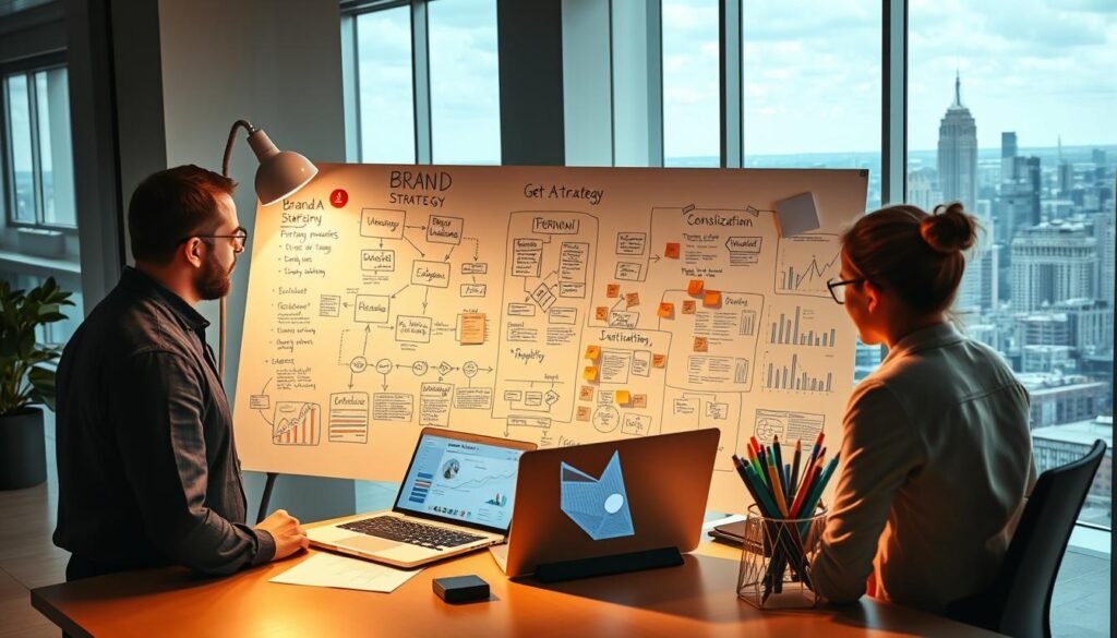 A professional, hyper-realistic illustration of a modern brand strategy. In the foreground, a team of strategists huddle around a large whiteboard, their faces lit by the warm glow of a desk lamp. Intricate diagrams, flow charts, and sticky notes cover the board, capturing the complex web of brand positioning, target audience analysis, and marketing initiatives. In the middle ground, a sleek laptop displays data visualizations and market research, while a geometric desk organizer holds an array of colorful pens and highlighters. The background is a minimalist office space, with floor-to-ceiling windows offering a panoramic view of a bustling city skyline. The lighting is soft and directional, creating dramatic shadows and highlights that accentuate the precision and thoughtfulness of the brand strategy process. A professional, hyper-realistic illustration of a modern brand strategy. In the foreground, a team of strategists huddle around a large whiteboard, their faces lit by the warm glow of a desk lamp. Intricate diagrams, flow charts, and sticky notes cover the board, capturing the complex web of brand positioning, target audience analysis, and marketing initiatives. In the middle ground, a sleek laptop displays data visualizations and market research, while a geometric desk organizer holds an array of colorful pens and highlighters. The background is a minimalist office space, with floor-to-ceiling windows offering a panoramic view of a bustling city skyline. The lighting is soft and directional, creating dramatic shadows and highlights that accentuate the precision and thoughtfulness of the brand strategy process.