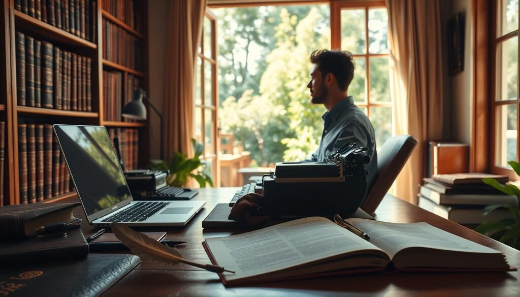 A serene home office, bathed in warm, natural lighting. On the desk, a laptop and a vintage typewriter sit side by side, symbolizing the intersection of modern and traditional storytelling techniques. Rows of leather-bound books line the shelves, hinting at the rich literary heritage that inspires the copywriter. In the foreground, a quill pen and a half-written page evoke the art of crafting compelling narratives, while the middle ground features a thoughtful, contemplative figure gazing out the window, lost in the process of ideation. The background showcases a lush, verdant garden, a tranquil oasis that provides the creative inspiration for the copywriter's work. Overall, the scene conveys a sense of timelessness, where the power of storytelling is celebrated and harnessed to captivate and persuade.