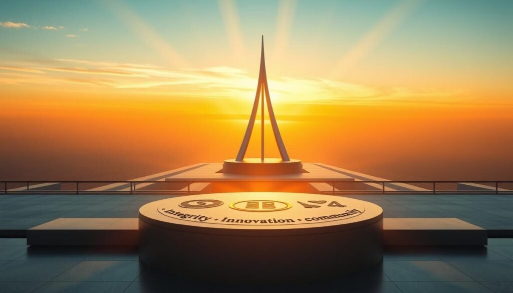 A serene, hyper-realistic scene depicting the core values of a brand. In the foreground, a grand, circular pedestal stands, its surface etched with symbols of integrity, innovation, and community. Rays of warm, golden light cascade over the pedestal, casting a soft, ethereal glow. In the middle ground, a majestic, minimalist structure rises, its sleek lines and sharp angles representing the brand's dedication to excellence. The background is a vast, expansive sky, its hues shifting from vibrant oranges to deep, contemplative blues, conveying the brand's visionary spirit and timeless appeal. The overall composition exudes a sense of balance, sophistication, and purpose, inviting the viewer to reflect on the brand's unwavering commitment to its core values. A serene, hyper-realistic scene depicting the core values of a brand. In the foreground, a grand, circular pedestal stands, its surface etched with symbols of integrity, innovation, and community. Rays of warm, golden light cascade over the pedestal, casting a soft, ethereal glow. In the middle ground, a majestic, minimalist structure rises, its sleek lines and sharp angles representing the brand's dedication to excellence. The background is a vast, expansive sky, its hues shifting from vibrant oranges to deep, contemplative blues, conveying the brand's visionary spirit and timeless appeal. The overall composition exudes a sense of balance, sophistication, and purpose, inviting the viewer to reflect on the brand's unwavering commitment to its core values.