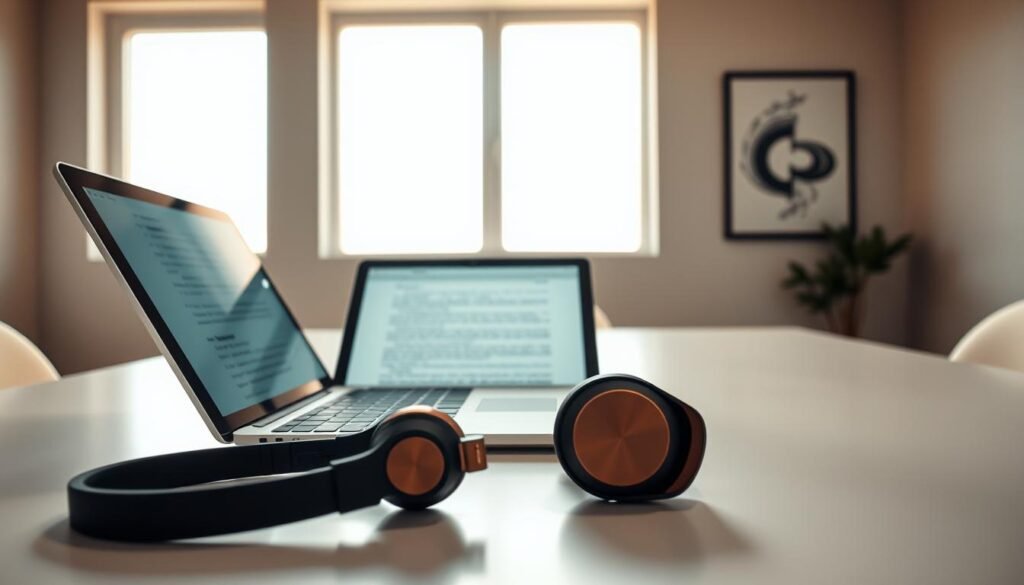 A serene, minimalist workspace illuminated by a warm, diffused light filtering through large windows. On a sleek, clutter-free desk, a laptop sits open, its screen displaying a document being carefully edited, the cursor dancing across the lines. In the foreground, a pair of tasteful, high-quality headphones rests, ready to immerse the editor in their focused task. The background features clean, neutral-toned walls, accentuated by a single, well-placed piece of abstract art, creating a sense of balance and tranquility. The overall scene conveys a mood of thoughtful concentration, where every detail has been meticulously considered to enhance the art of editing.