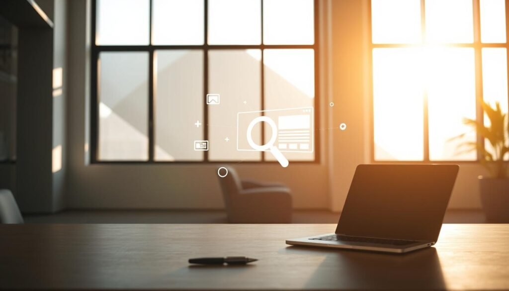 A serene office workspace, bathed in warm natural light filtering through large windows. In the foreground, a minimalist desk with a laptop, pen, and a stylized magnifying glass icon, symbolizing the focus on SEO optimization. Subtle visual cues, such as a wireframe website or search engine results page, float in the middle ground, blending seamlessly with the environment. The background features a clean, modern architectural setting, with geometric patterns and muted colors that create a sense of harmony and efficiency. The overall mood is one of simplicity, clarity, and a laser-like focus on concise, SEO-driven copywriting.