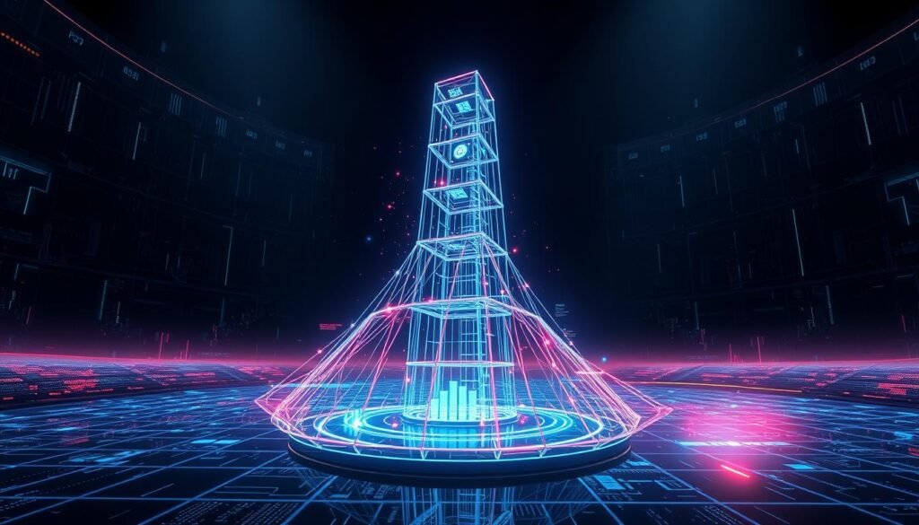 A sleek, futuristic digital landscape with a towering holographic AIDA model at the center. The model's wireframe structure pulses with vivid digital energy, surrounded by a swirling vortex of data streams and glowing geometric shapes. In the foreground, a seamless glass interface displays key metrics and analytics, illuminating the model's adaptability and predictive power. The background is a vast, darkened expanse, punctuated by flickering neon grids and cascading lines of code, hinting at the dynamic, ever-evolving nature of digital marketing. Soft, directional lighting casts dramatic shadows, imbuing the scene with a sense of technological grandeur and innovation. A sleek, futuristic digital landscape with a towering holographic AIDA model at the center. The model's wireframe structure pulses with vivid digital energy, surrounded by a swirling vortex of data streams and glowing geometric shapes. In the foreground, a seamless glass interface displays key metrics and analytics, illuminating the model's adaptability and predictive power. The background is a vast, darkened expanse, punctuated by flickering neon grids and cascading lines of code, hinting at the dynamic, ever-evolving nature of digital marketing. Soft, directional lighting casts dramatic shadows, imbuing the scene with a sense of technological grandeur and innovation.