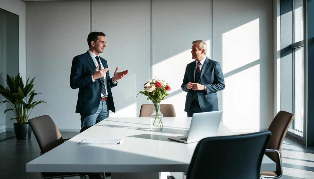 A sleek, minimalist office interior with natural lighting streaming through large windows. In the foreground, two professional business people engaged in an animated discussion, their body language and facial expressions conveying the nuanced differences between tone and voice. The middle ground features a clean, uncluttered desk with a laptop, notepad, and a vase of fresh flowers, symbolizing the harmonious balance between these two essential brand communication elements. The background showcases a modern, geometric wall treatment, adding depth and a sense of sophisticated design. The overall mood is one of clarity, professionalism, and the importance of effective brand messaging. A sleek, minimalist office interior with natural lighting streaming through large windows. In the foreground, two professional business people engaged in an animated discussion, their body language and facial expressions conveying the nuanced differences between tone and voice. The middle ground features a clean, uncluttered desk with a laptop, notepad, and a vase of fresh flowers, symbolizing the harmonious balance between these two essential brand communication elements. The background showcases a modern, geometric wall treatment, adding depth and a sense of sophisticated design. The overall mood is one of clarity, professionalism, and the importance of effective brand messaging.