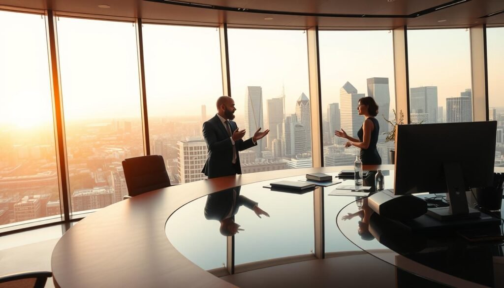 A sleek, modern office interior with a large, curved desk in the foreground. The desk is made of dark wood and glass, with a computer monitor and various office supplies neatly arranged. In the middle ground, two executives, one in a sharp suit and the other in a stylish dress, are engaged in a lively discussion, gesturing animatedly. The background features a large, floor-to-ceiling window overlooking a bustling city skyline, bathed in a warm, golden light. The scene conveys a sense of professional collaboration and strategic analysis, with a hyper-realistic, almost cinematic quality.