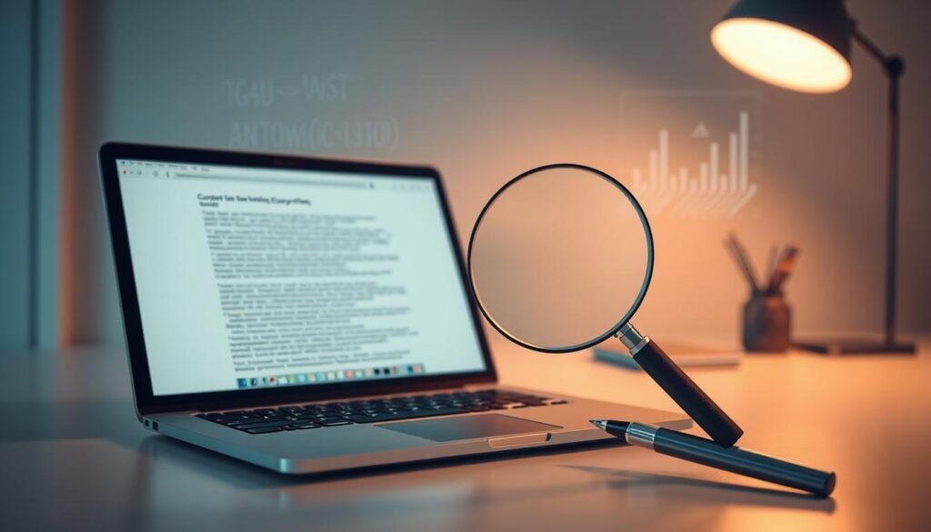 A sleek, modern office setting, with a laptop and a pen resting on a minimalist desk. Soft, indirect lighting casts a warm glow, highlighting the crisp lines and clean surfaces. In the foreground, a magnifying glass hovers over the laptop screen, symbolizing the careful scrutiny and optimization of the written content. The background features abstract, data-inspired elements, such as algorithms, code snippets, or conversion funnels, suggesting the analytical and technical aspects of effective copywriting. The overall atmosphere conveys a sense of focus, efficiency, and the pursuit of marketing excellence.