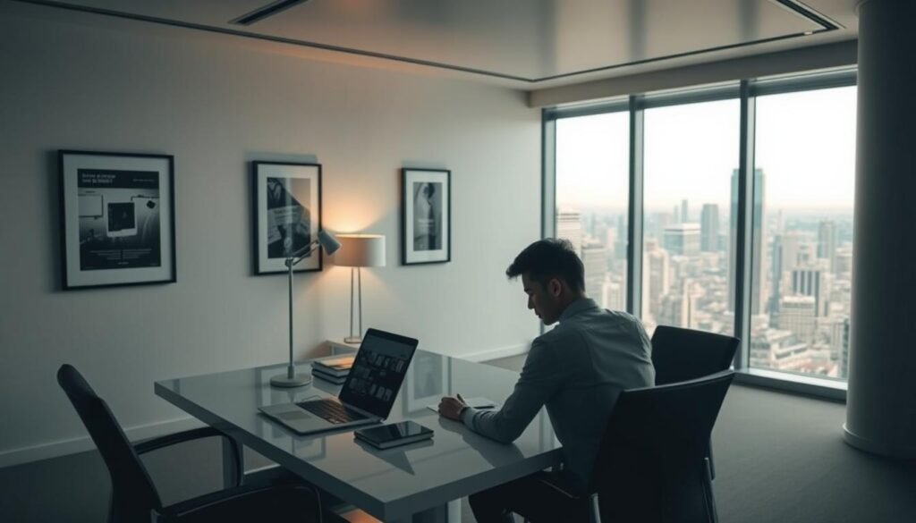 A sleek, modern office space with clean lines and minimalist decor. In the foreground, a professional-looking person is seated at a desk, focused on a laptop screen. The desk surface is clear, save for a carefully arranged stack of documents and a minimalist desk lamp. The middle ground features a set of framed artwork or photographs on the wall, creating a sense of cohesive branding. In the background, floor-to-ceiling windows offer a panoramic view of a bustling city skyline, bathed in warm, natural lighting. The overall atmosphere is one of efficiency, consistency, and a strong, unified brand identity. A sleek, modern office space with clean lines and minimalist decor. In the foreground, a professional-looking person is seated at a desk, focused on a laptop screen. The desk surface is clear, save for a carefully arranged stack of documents and a minimalist desk lamp. The middle ground features a set of framed artwork or photographs on the wall, creating a sense of cohesive branding. In the background, floor-to-ceiling windows offer a panoramic view of a bustling city skyline, bathed in warm, natural lighting. The overall atmosphere is one of efficiency, consistency, and a strong, unified brand identity.