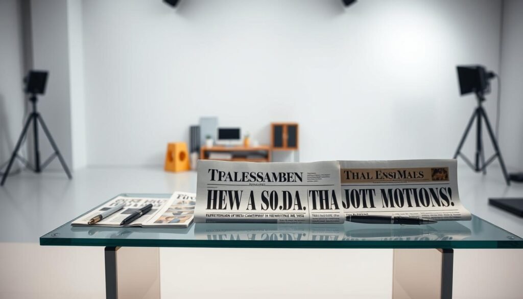A spacious studio setting with a clean, minimalist aesthetic. In the foreground, a sleek glass table displays a variety of newspaper headlines, each crafted with impactful typography and eye-catching imagery. The middle ground features a selection of high-quality pens, notebooks, and other writing implements, hinting at the creative process behind effective copywriting. The background is softly lit, with subtle shadows and a slightly blurred, out-of-focus effect, drawing the viewer's attention to the central focus of the image - the headline examples. The overall mood is one of professionalism, creativity, and the importance of crafting captivating copy.