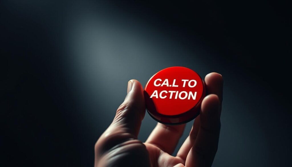 A stark, hyper-realistic image of a hand holding a red button, with a bold call-to-action text emblazoned on it. The button is positioned prominently in the foreground, casting a warm glow against a dimly lit, minimalist background. The scene is captured with a shallow depth of field, putting the call-to-action in sharp focus and drawing the viewer's attention. The lighting is dramatic, creating deep shadows and highlights that accentuate the button's physicality. The overall mood is one of urgency and importance, conveying the power and impact of an effective call-to-action.