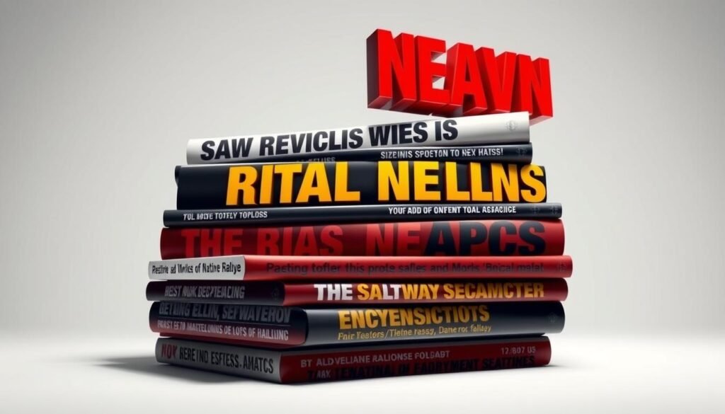 A towering stack of bold, eye-catching headlines float against a crisp, minimalist background. The headlines are rendered in a sleek, sans-serif typeface, their letters infused with a magnetic energy that demands attention. Vibrant hues of red, orange, and yellow create a sense of urgency, while strategic use of whitespace and negative space lend an air of sophistication. Dramatic lighting casts dramatic shadows, heightening the dramatic, hyper-real aesthetic. The overall composition is a masterclass in visual hierarchy, drawing the viewer's gaze directly to the captivating, attention-grabbing headlines.