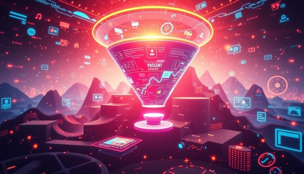 A vibrant and dynamic digital marketing funnel, with a captivating central focal point that draws the viewer's attention. In the foreground, a glowing, interactive user interface showcases a range of engaging content and interactive elements, inviting the audience to explore and discover. The middle ground features a sleek, minimalist design aesthetic, with clean lines and subtle gradients that guide the eye through the funnel. In the background, a rich, cinematic landscape of layered data visualizations and interconnected digital elements creates a sense of depth and complexity, hinting at the sophisticated inner workings of the marketing ecosystem. Soft, warm lighting illuminates the scene, creating a sense of depth and atmosphere, while a carefully considered camera angle and lens choice enhance the overall sense of immersion and dynamism. A vibrant and dynamic digital marketing funnel, with a captivating central focal point that draws the viewer's attention. In the foreground, a glowing, interactive user interface showcases a range of engaging content and interactive elements, inviting the audience to explore and discover. The middle ground features a sleek, minimalist design aesthetic, with clean lines and subtle gradients that guide the eye through the funnel. In the background, a rich, cinematic landscape of layered data visualizations and interconnected digital elements creates a sense of depth and complexity, hinting at the sophisticated inner workings of the marketing ecosystem. Soft, warm lighting illuminates the scene, creating a sense of depth and atmosphere, while a carefully considered camera angle and lens choice enhance the overall sense of immersion and dynamism.