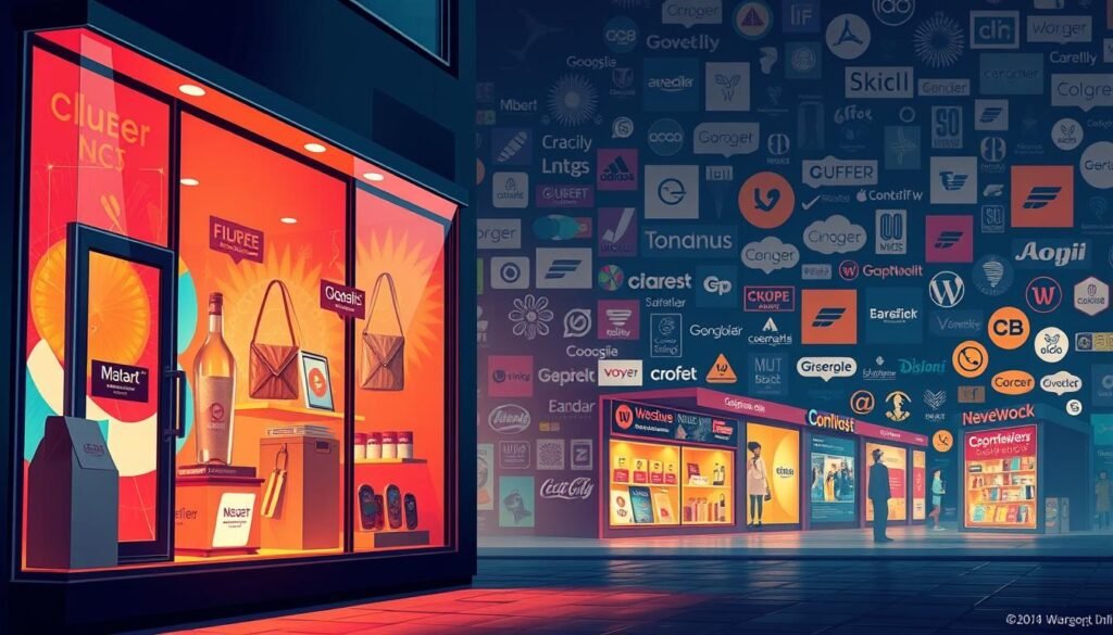 A vibrant and dynamic scene showcasing the power of visuals in brand storytelling. In the foreground, a captivating illustration of a modern e-commerce storefront, its windows adorned with vivid, eye-catching graphics that draw the viewer in. The middle ground features a series of carefully curated product shots, each one a masterpiece of lighting and composition, highlighting the product's features and evocative design. In the background, a meticulously crafted collage of brand elements - logos, icons, and patterns - weaving a cohesive and visually striking narrative. The entire scene is bathed in a warm, cinematic lighting, creating a sense of depth and atmosphere that immerses the viewer in the captivating world of brand storytelling. Hyper-realistic in detail, this image conveys the power of visuals to elevate and captivate, inspiring the viewer to engage with the brand's compelling narrative. A vibrant and dynamic scene showcasing the power of visuals in brand storytelling. In the foreground, a captivating illustration of a modern e-commerce storefront, its windows adorned with vivid, eye-catching graphics that draw the viewer in. The middle ground features a series of carefully curated product shots, each one a masterpiece of lighting and composition, highlighting the product's features and evocative design. In the background, a meticulously crafted collage of brand elements - logos, icons, and patterns - weaving a cohesive and visually striking narrative. The entire scene is bathed in a warm, cinematic lighting, creating a sense of depth and atmosphere that immerses the viewer in the captivating world of brand storytelling. Hyper-realistic in detail, this image conveys the power of visuals to elevate and captivate, inspiring the viewer to engage with the brand's compelling narrative.