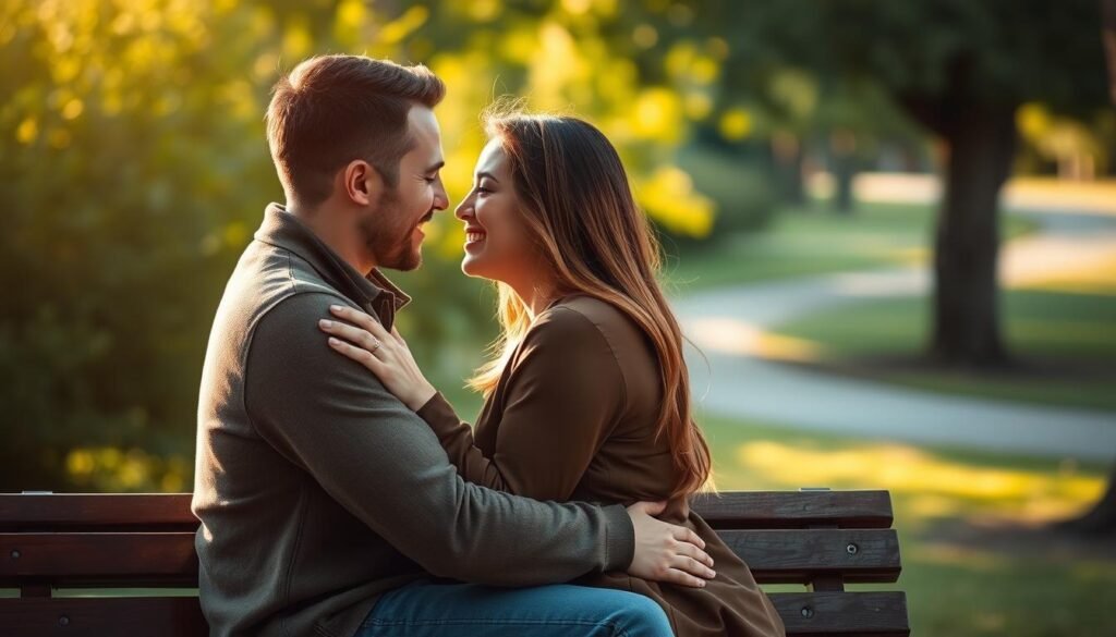 A vibrant and intimate engagement scene, captured in warm natural light. A couple sitting together on a park bench, their faces close and eyes locked in a moment of deep connection. The background blurred to emphasize their intimate embrace, with a lush green foliage and a hint of a meandering path in the distance. The lighting is soft and flattering, casting a gentle glow on their features and creating a sense of intimacy and trust. The composition is balanced and the colors are rich and inviting, drawing the viewer into the emotional connection between the two individuals. Hyper-realistic rendering, with every detail meticulously crafted to evoke a sense of genuine human engagement. A vibrant and intimate engagement scene, captured in warm natural light. A couple sitting together on a park bench, their faces close and eyes locked in a moment of deep connection. The background blurred to emphasize their intimate embrace, with a lush green foliage and a hint of a meandering path in the distance. The lighting is soft and flattering, casting a gentle glow on their features and creating a sense of intimacy and trust. The composition is balanced and the colors are rich and inviting, drawing the viewer into the emotional connection between the two individuals. Hyper-realistic rendering, with every detail meticulously crafted to evoke a sense of genuine human engagement.