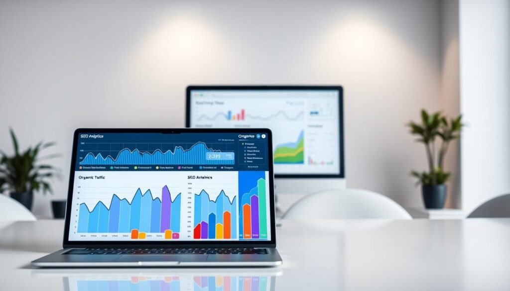 A vibrant data visualization on a sleek, minimalist desktop. In the foreground, a series of dynamic charts and graphs track key SEO optimization metrics - organic traffic, keyword rankings, conversion rates, and more. The charts are rendered in a crisp, high-contrast style, with bold colors and clean lines. In the middle ground, a laptop displays a web analytics dashboard, offering a deeper dive into the data. The background features a neutral, softly lit office environment, creating a sense of professional, analytical context. The overall scene conveys a hyper-real, visually striking representation of impactful SEO performance tracking. A vibrant data visualization on a sleek, minimalist desktop. In the foreground, a series of dynamic charts and graphs track key SEO optimization metrics - organic traffic, keyword rankings, conversion rates, and more. The charts are rendered in a crisp, high-contrast style, with bold colors and clean lines. In the middle ground, a laptop displays a web analytics dashboard, offering a deeper dive into the data. The background features a neutral, softly lit office environment, creating a sense of professional, analytical context. The overall scene conveys a hyper-real, visually striking representation of impactful SEO performance tracking.