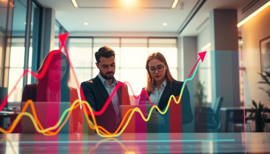 A vibrant, hyper-real scene depicting "Conversion Rate Optimization". In the foreground, a colorful graph showcases rising conversion rates, its lines and shapes rendered in vivid, almost tangible detail. The middle ground features a team of analysts intently studying the data, their expressions focused and determined. In the background, a sleek, modern office space with floor-to-ceiling windows, bathed in warm, directional lighting that casts dramatic shadows and highlights the dynamic interplay of shapes and forms. The overall atmosphere conveys a sense of purpose, progress, and the power of data-driven decision-making. A vibrant, hyper-real scene depicting "Conversion Rate Optimization". In the foreground, a colorful graph showcases rising conversion rates, its lines and shapes rendered in vivid, almost tangible detail. The middle ground features a team of analysts intently studying the data, their expressions focused and determined. In the background, a sleek, modern office space with floor-to-ceiling windows, bathed in warm, directional lighting that casts dramatic shadows and highlights the dynamic interplay of shapes and forms. The overall atmosphere conveys a sense of purpose, progress, and the power of data-driven decision-making.